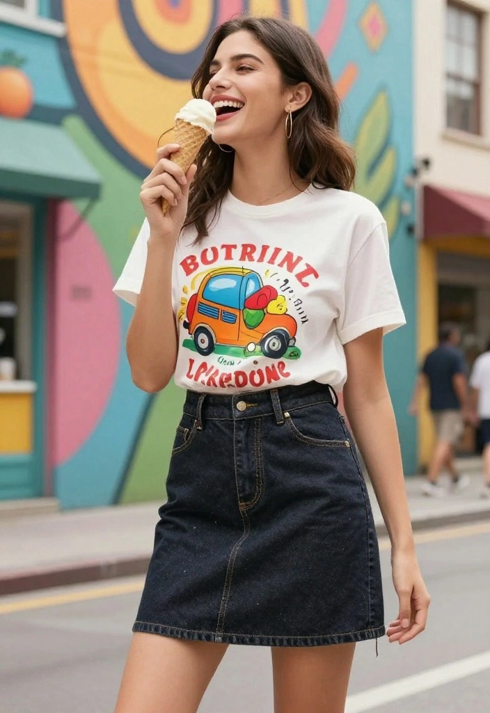 14 Ellie Williams Outfit Suggestions for Women You Can Wear Daily - 7. Dark Denim Skirt with a Graphic Tee 1