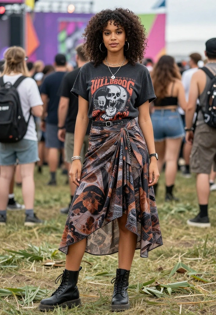 14 Metal Festival Attire Ideas for Women That Move and Breathe - 3. Vintage Band Tees & Midi Skirts 1