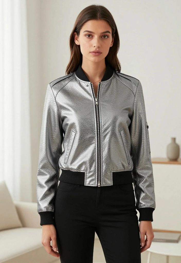 14 Silver Women Outfit Inspirations That Shine Without Looking Overdone - 8. Silver Outerwear Essential 1