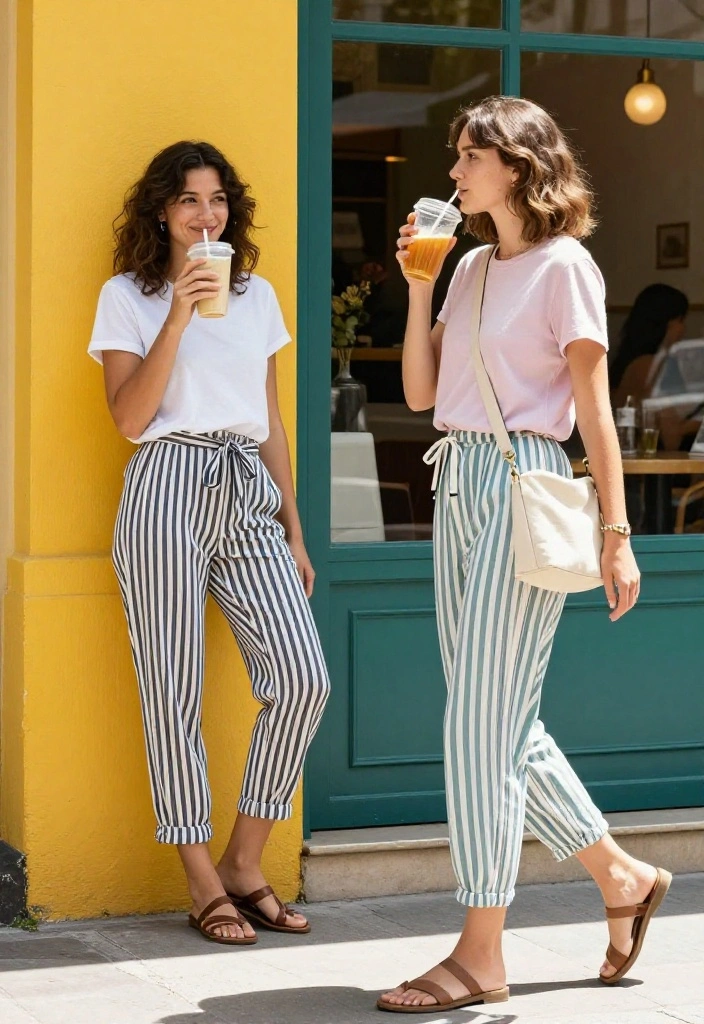 14 Versatile Striped Pants Outfit Ideas for Women - 1. Casual Day Out: Striped Pants with a Simple Tee 1