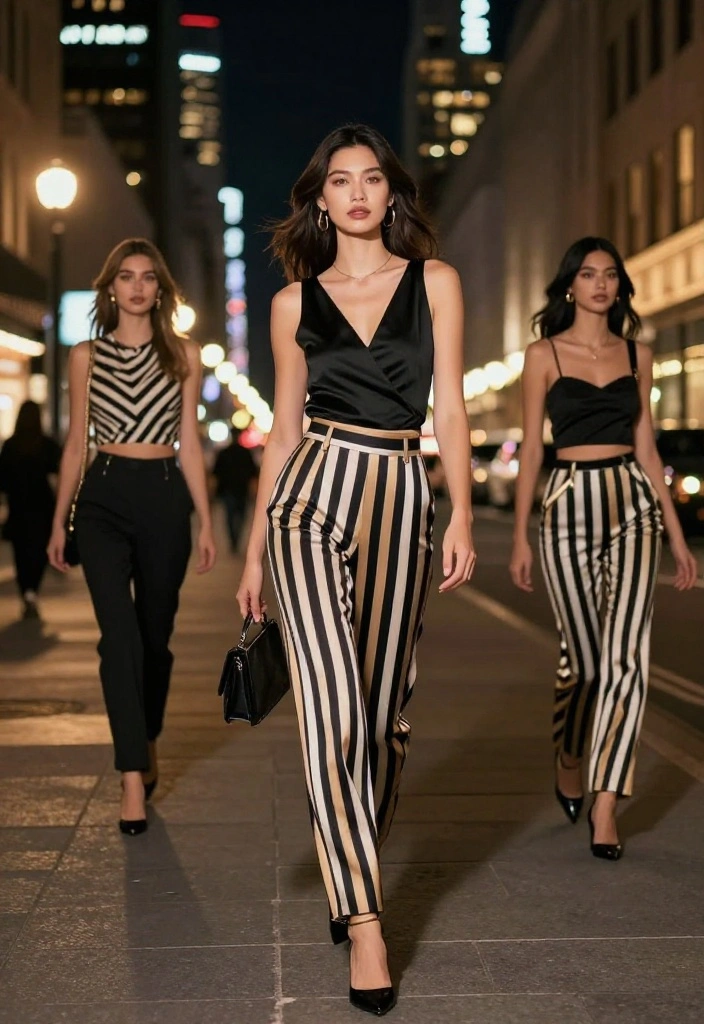 14 Versatile Striped Pants Outfit Ideas for Women - 10. Chic Monochrome: Striped Pants with a Matching Top 1