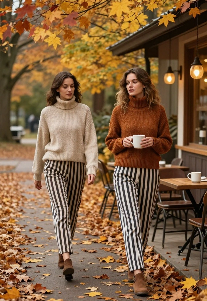 14 Versatile Striped Pants Outfit Ideas for Women - 11. Layered for Fall: Striped Pants with a Turtleneck 1
