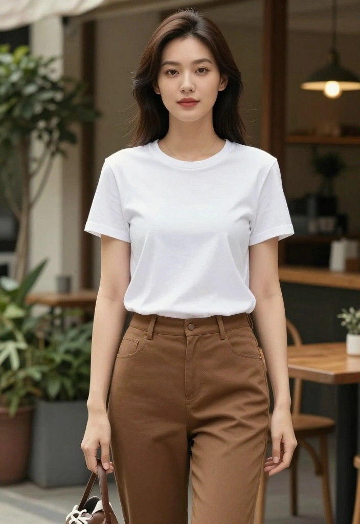 14 Women Outfit Ideas Con Pantalon Cafe That Match With Everything - 1. The Classic White Tee and Brown Pants 1