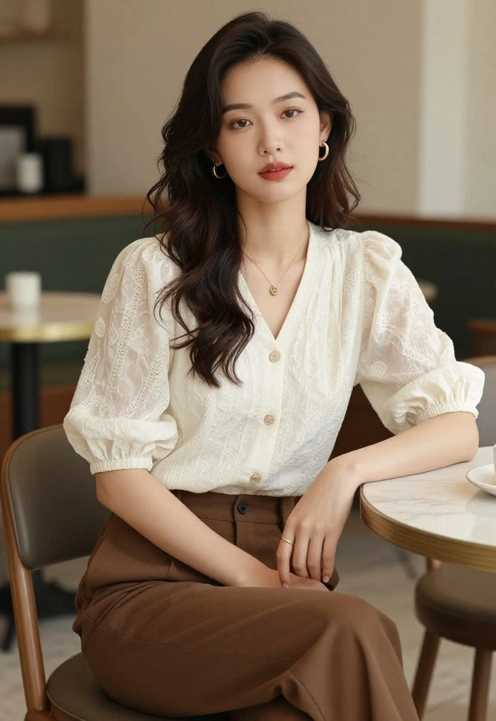 14 Women Outfit Ideas Con Pantalon Cafe That Match With Everything - 7. Feminine Blouse and Brown Pants 1