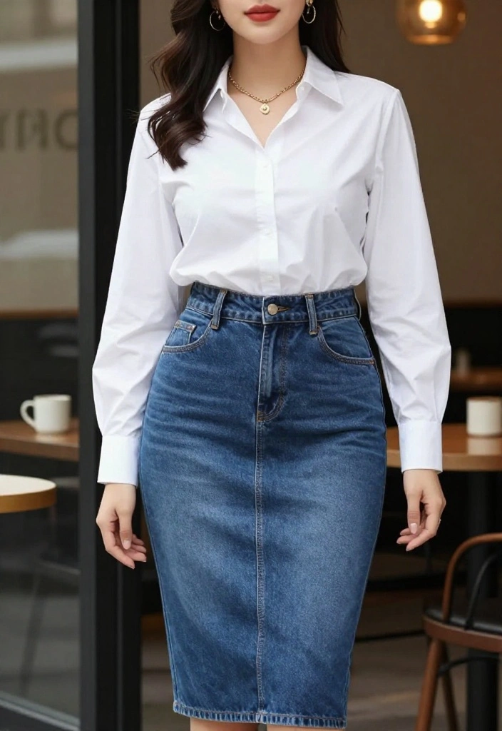 15 Blue Denim Skirt Outfit Suggestions for Women That Aren't Too Young - 1. Classic White Blouse + Blue Denim Skirt 1