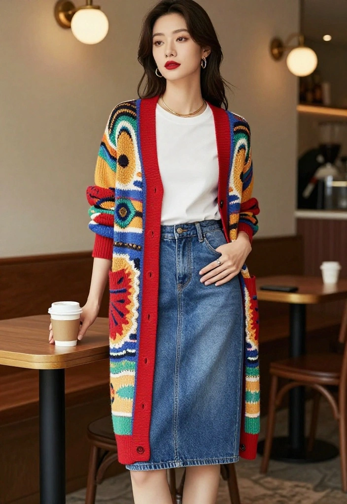 15 Blue Denim Skirt Outfit Suggestions for Women That Aren't Too Young - 11. Statement Cardigan + Denim Skirt 1