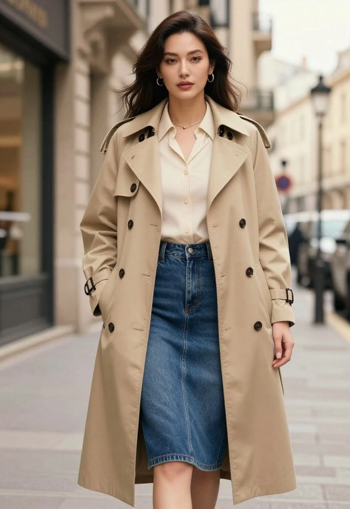 15 Blue Denim Skirt Outfit Suggestions for Women That Aren't Too Young - 13. Classic Trench Coat + Denim Skirt 1