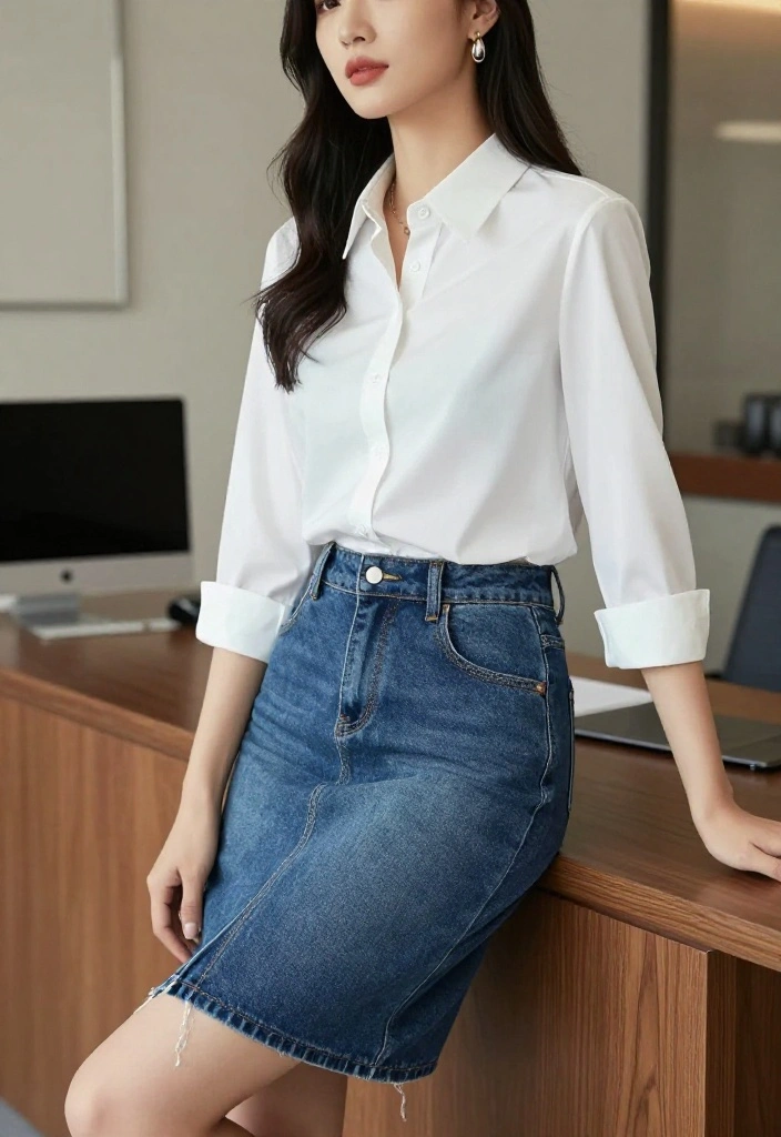 15 Blue Denim Skirt Outfit Suggestions for Women That Aren't Too Young - 14. Business Casual Ensemble with Blue Denim Skirt 1