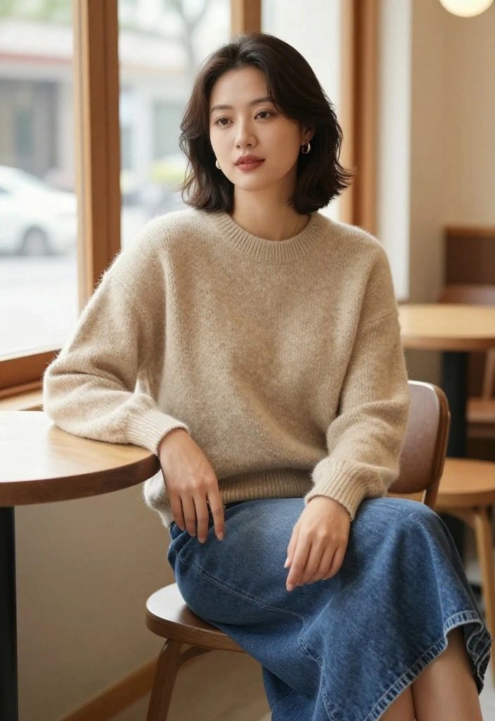 15 Blue Denim Skirt Outfit Suggestions for Women That Aren't Too Young - 3. Chic Knit Sweater + Denim Skirt 1