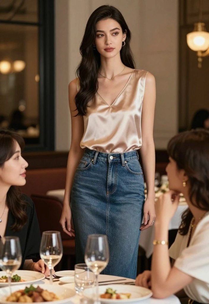 15 Blue Denim Skirt Outfit Suggestions for Women That Aren't Too Young - 6. Elegant Silk Top + Denim Skirt 1