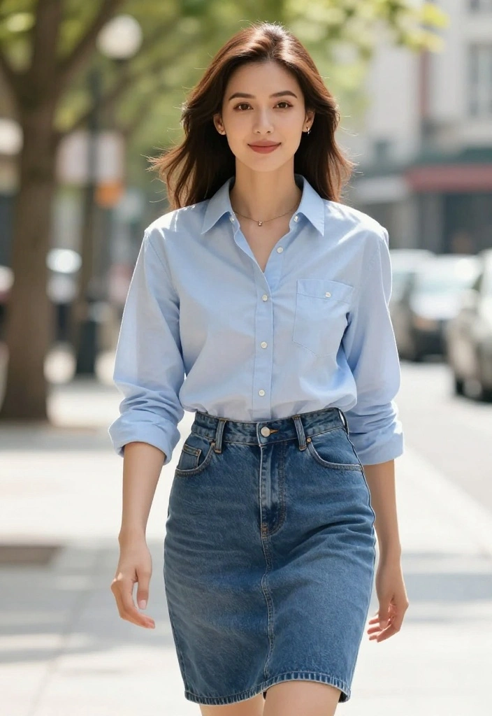 15 Blue Denim Skirt Outfit Suggestions for Women That Aren't Too Young - 9. Lightweight Chambray Shirt + Denim Skirt 1