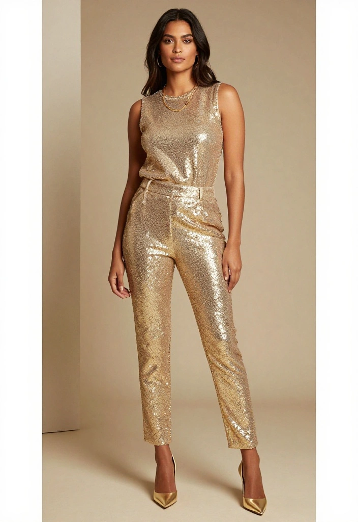 15 Gold Birthday Outfit Ideas for Women That Shine Without - 9. Gold Sequin Top with Tailored Pants 1