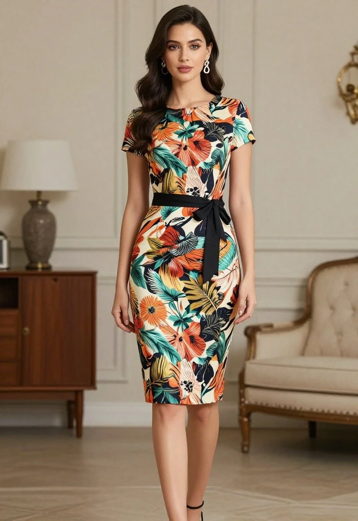 15 Pencil Dress Outfit Elegant Looks That Command the Room - 14. Printed Pencil Dress 1