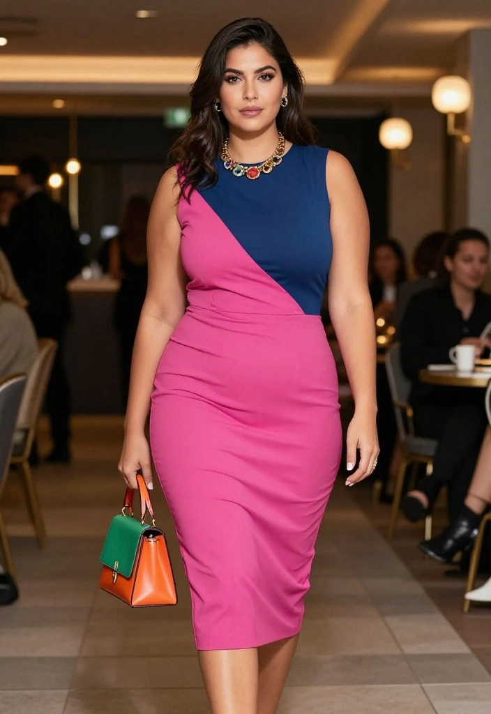 15 Pencil Dress Outfit Elegant Looks That Command the Room - 6. Bold Color Block Pencil Dress 1