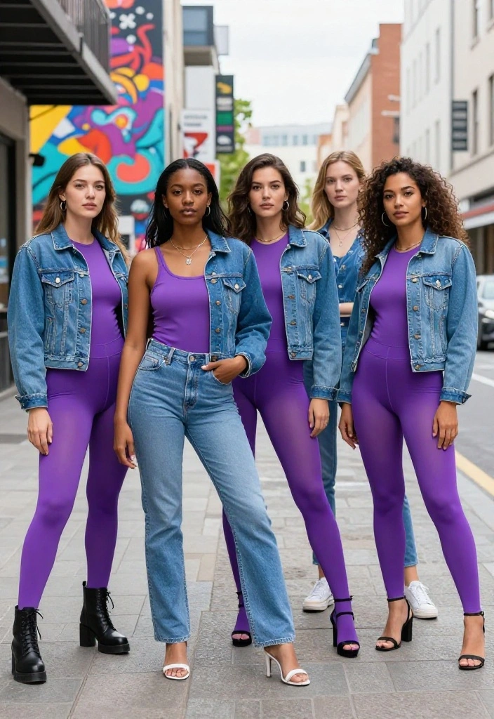 15 Purple Tights Outfit Ideas for Women That Don't Look Costume-Y - 10. Street Style with a Denim Jacket 1
