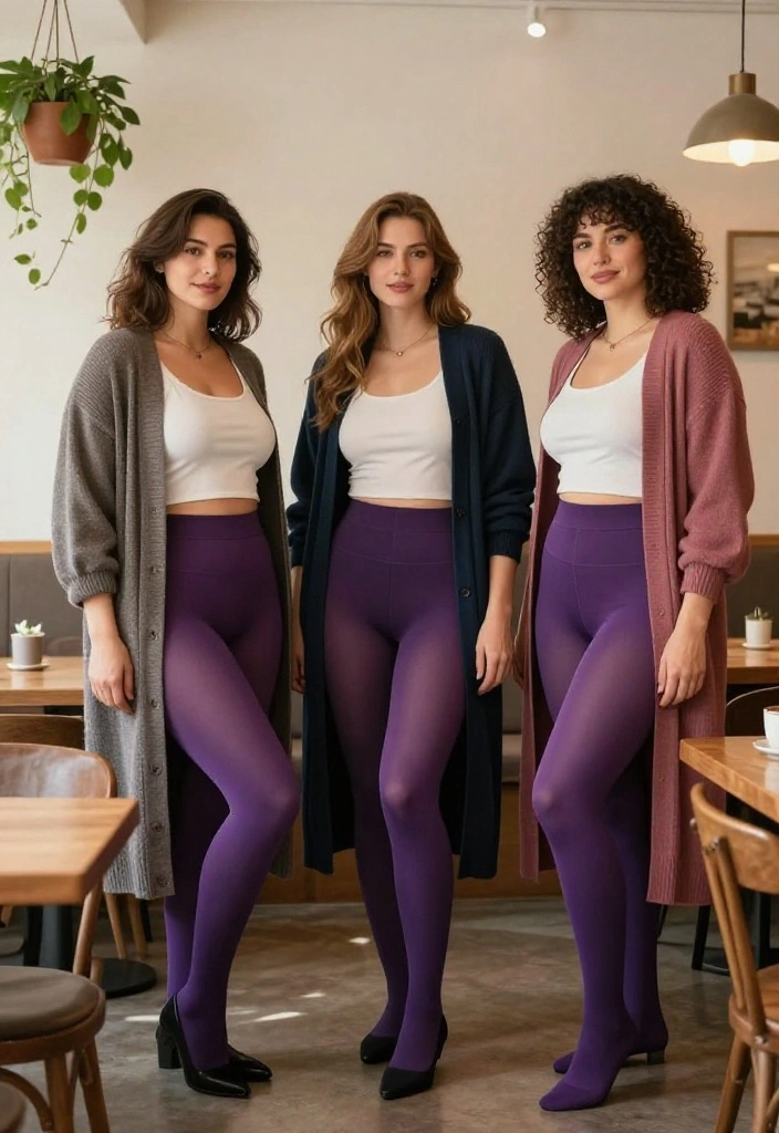 15 Purple Tights Outfit Ideas for Women That Don't Look Costume-Y - 6. Chic Layering with a Long Cardigan 1