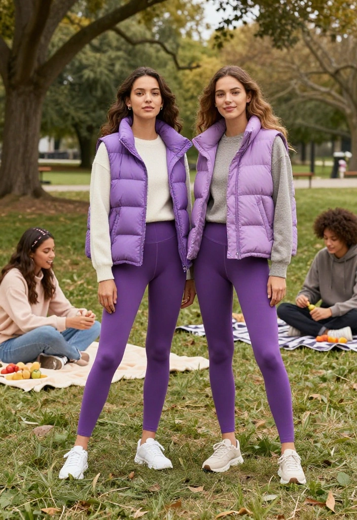 15 Purple Tights Outfit Ideas for Women That Don't Look Costume-Y - 8. Casual Glam with a Puffer Vest 1