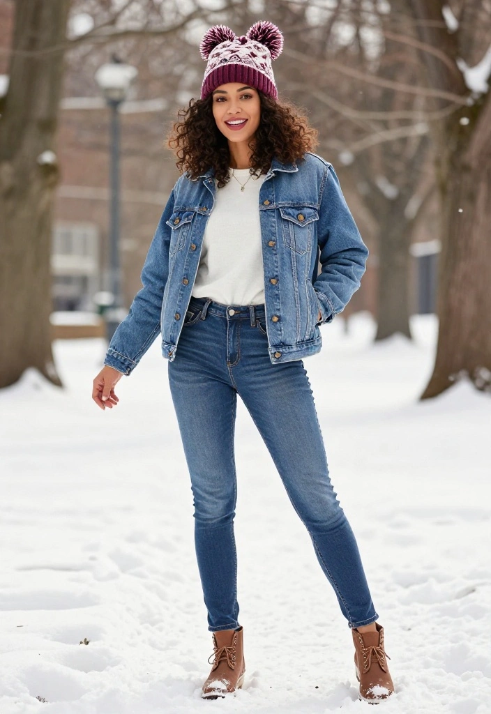 15 Winter Hat Outfit Suggestions for Women That Don't Ruin Your Hair - 12. Pom-Pom Beanie with Denim Jacket 1