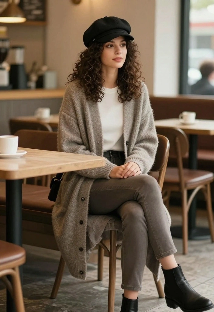 15 Winter Hat Outfit Suggestions for Women That Don't Ruin Your Hair - 5. Newsboy Cap with Long Cardigan 1