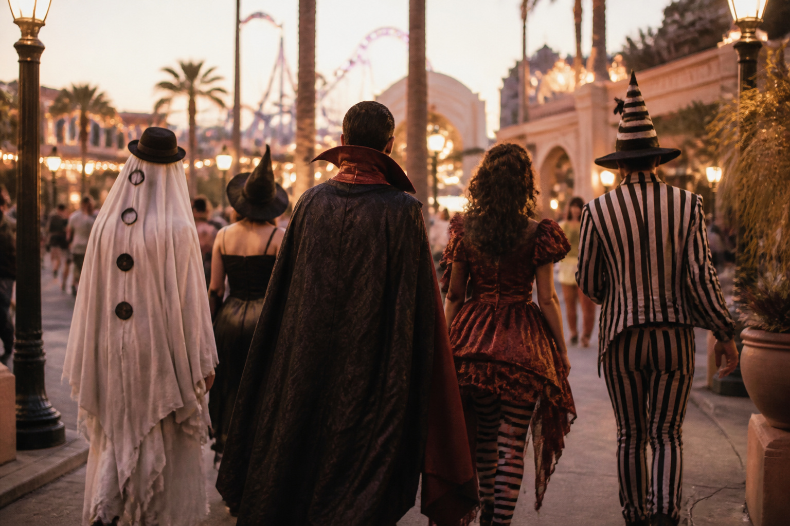 A vibrant scene from Halloween Horror Nights featuring scareactors and themed decorations.