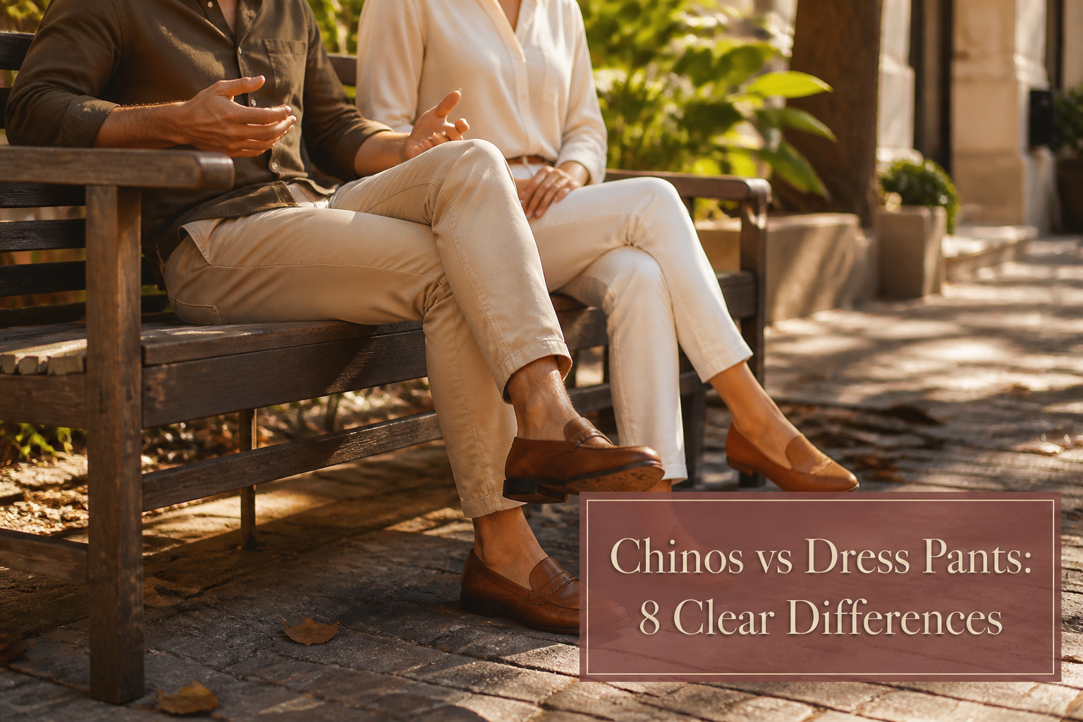 A comparison of chinos and dress pants displayed on a rustic wooden table.