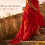 A collection of plus-size dresses displayed on mannequins.