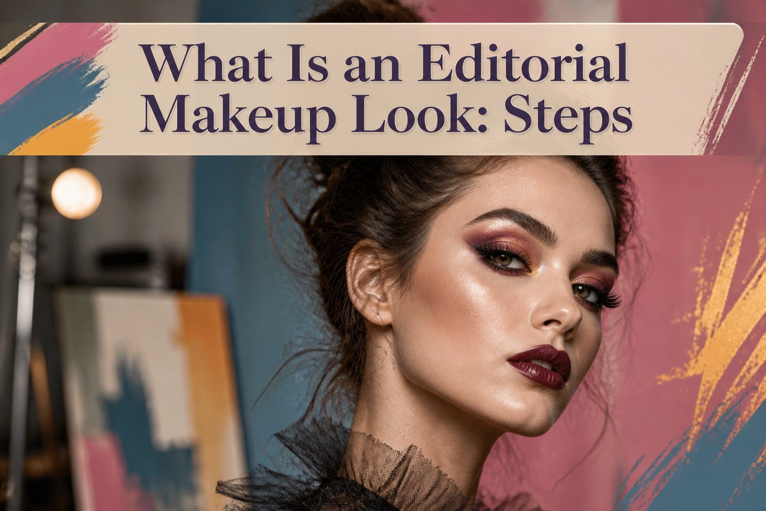 A striking editorial makeup look featuring bold colors and unique textures.