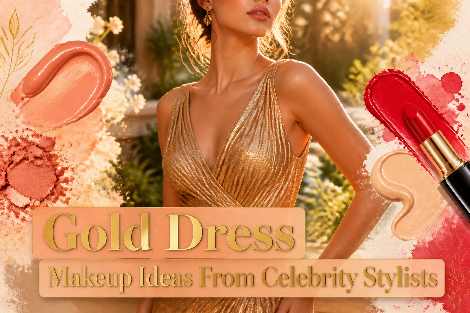 A collage of makeup looks designed for gold dresses.