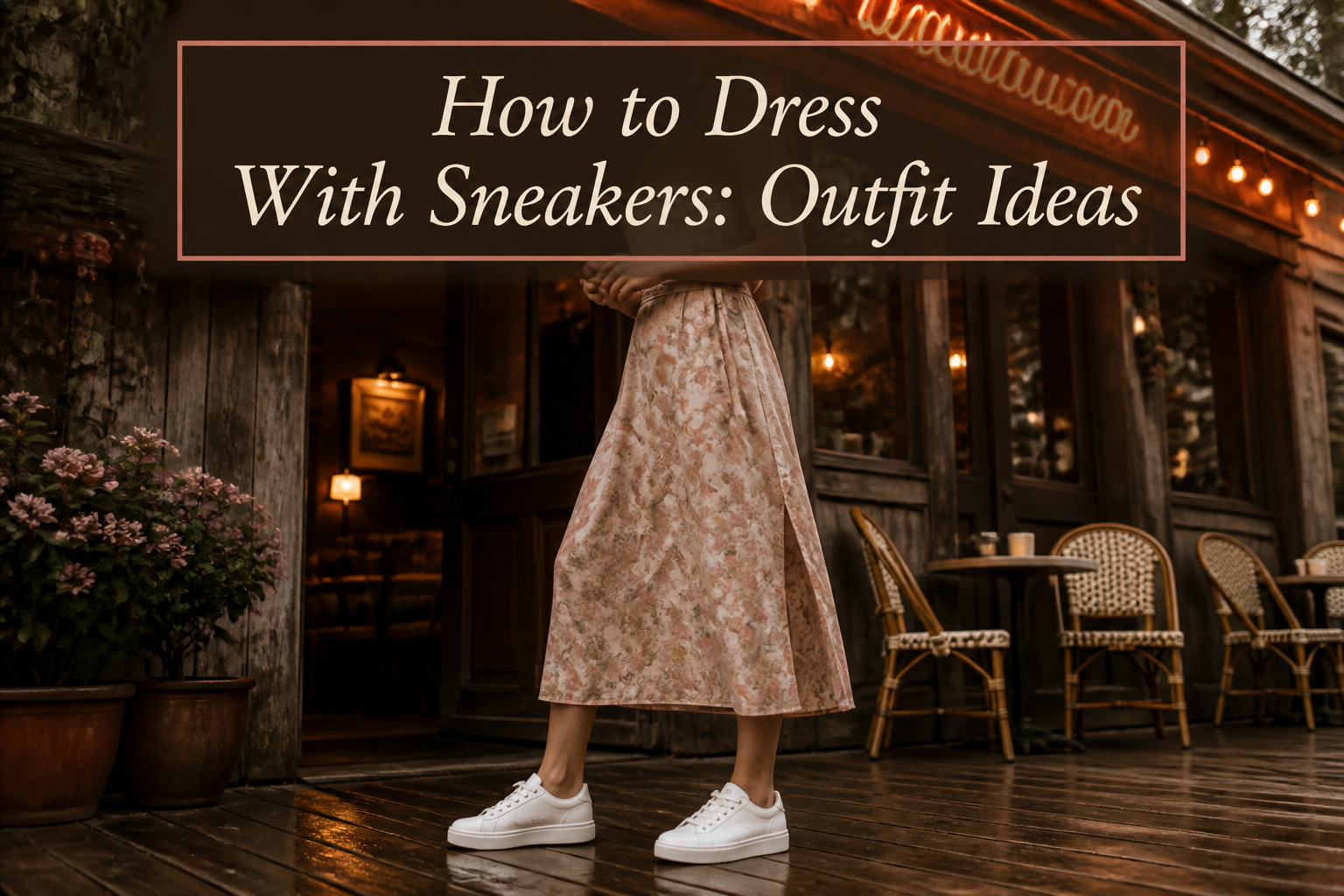 A collection of outfits featuring sneakers paired with various dresses.