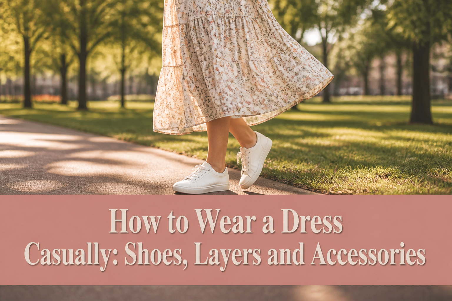 A casual dress paired with sneakers and a denim jacket.