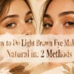 Model applying light brown eye makeup with natural lighting.