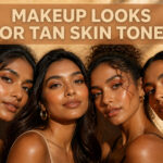 Model showcasing makeup that complements tan skin tones.