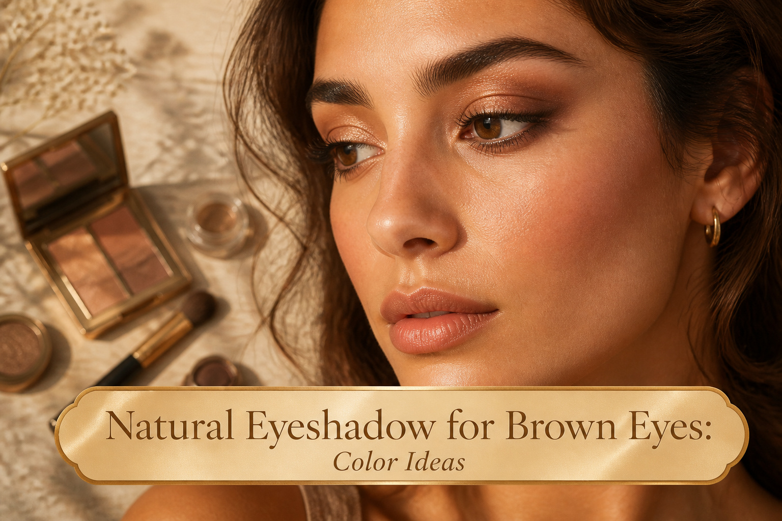 Model demonstrating various natural eyeshadow shades for brown eyes.
