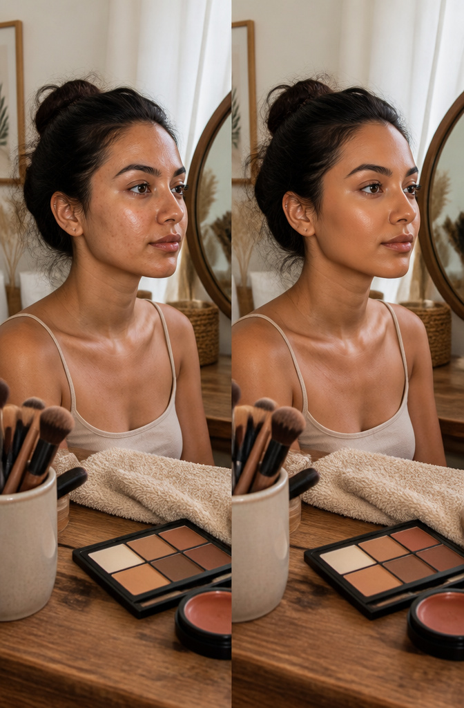 6 Makeup Looks for Tan Skin Tones in 2026 2 Model applying foundation that matches golden undertones on tan skin.