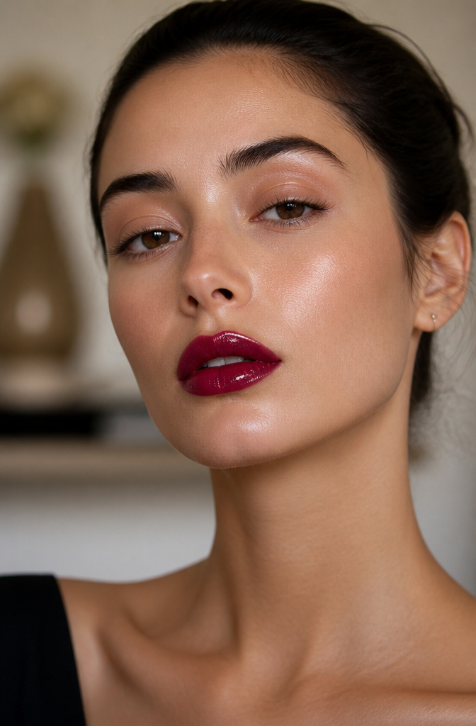 Model with bold lips in red, showcasing 2026 makeup trends.