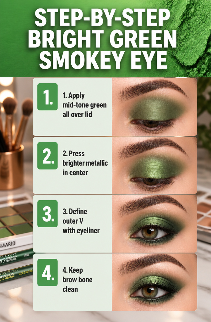 How to Do Simple Green Makeup: 6 Wearable Looks From Subtle to Bold 2 Illustration of steps to create a bright green smokey eye.
