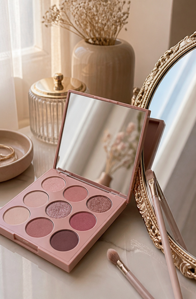 A soft cut crease look with matte pink eyeshadow and a small flat brush.