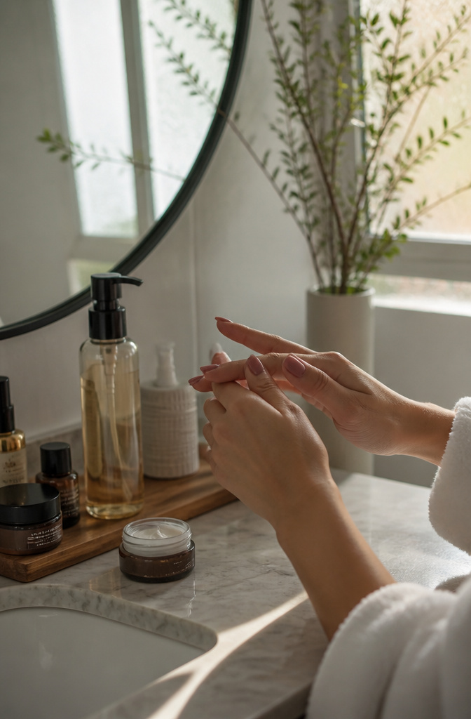 How to Do a Smokey Eye: A 9-Step Tutorial for 2026 2 A bathroom countertop with skincare products including a cleanser and eye cream.