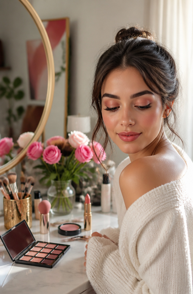 Make Up Inspo Pics: Looks, Techniques & Color Guides for 2026 2 A model with warm blush and peach-rose eyeshadow in a cozy vanity setting.