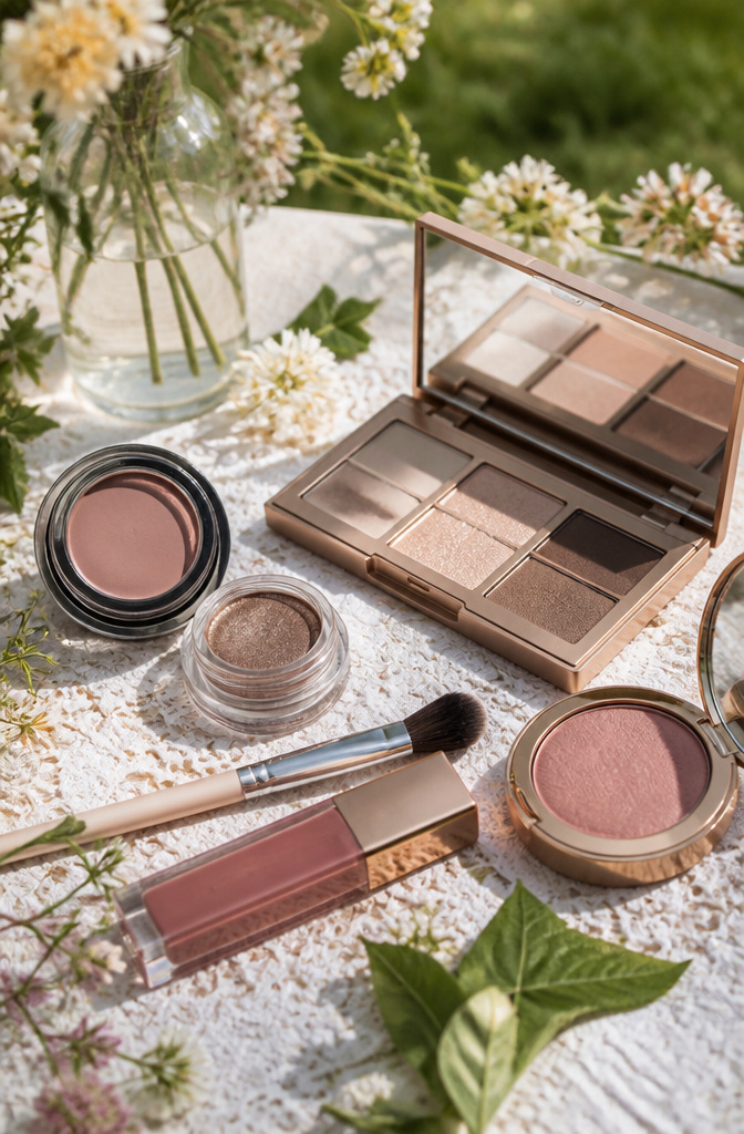 Close-up of a natural wedding makeup kit on a lace surface.