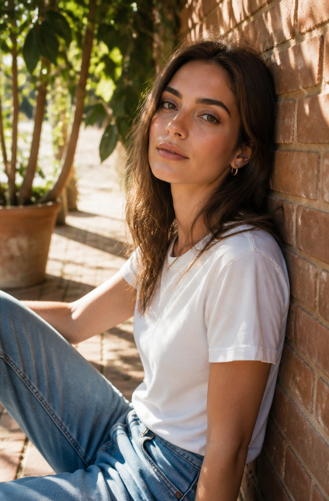 Model against a brick wall showcasing the model off-duty eye makeup look.