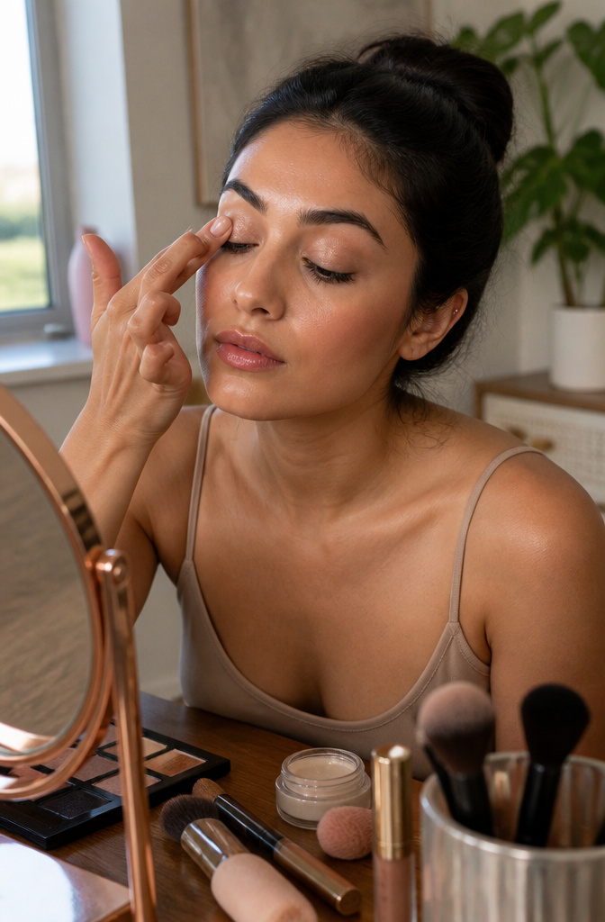Model applying eye primer to her brown eyelids at a vanity.