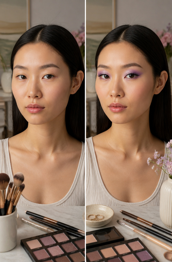 Monolid makeup with a vertical gradient applied to the model's eyes.