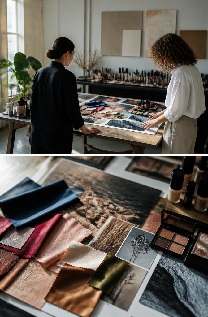 A collection of images, color swatches, and fabric samples for concept planning.