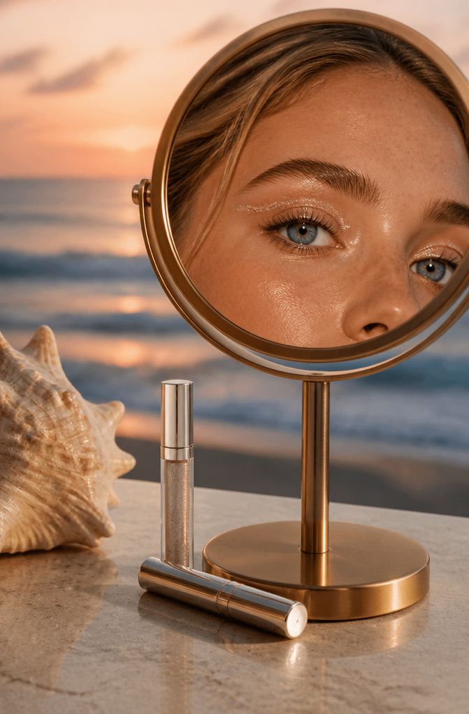 Model with striking blue eyes adorned with shimmer liquid eye shadow.