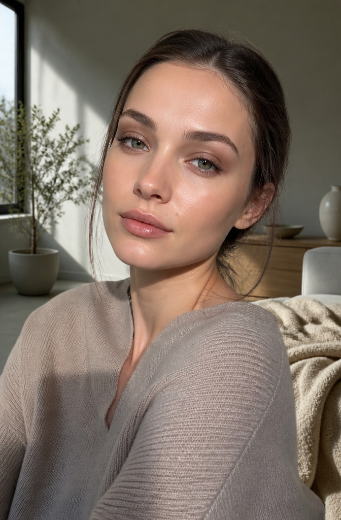 Model with cool taupe eyeshadow blending effortlessly with her skin tone.