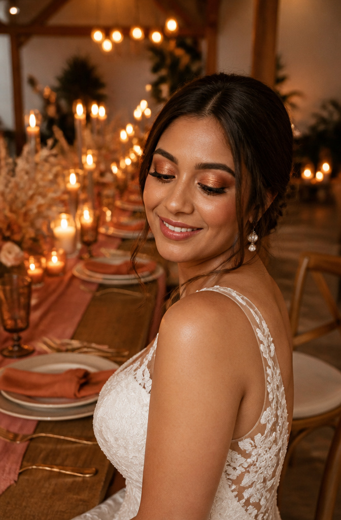 Bride showcasing bold copper eyeshadow makeup in candlelight.