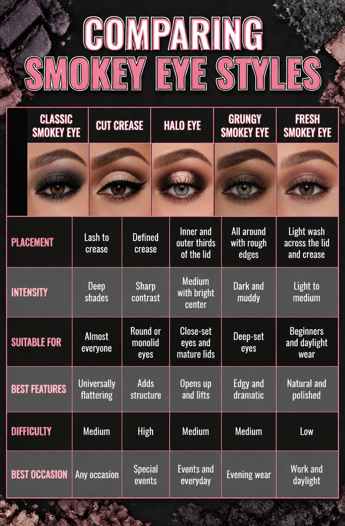 How to Do a Smokey Eye: A 9-Step Tutorial for 2026 11 An information graphic comparing various styles of smokey eye makeup.