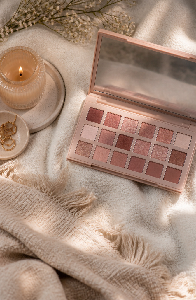 Model showcasing a nude pink halo eye with darker rose tones and shimmer.