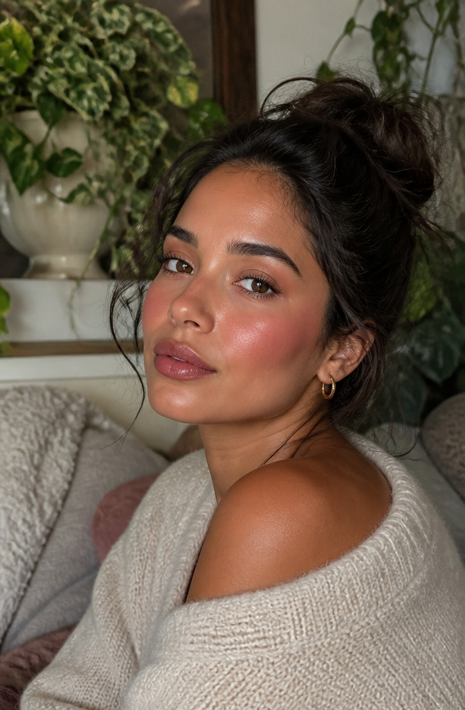 Model with deep berry blush as the main feature of her look.